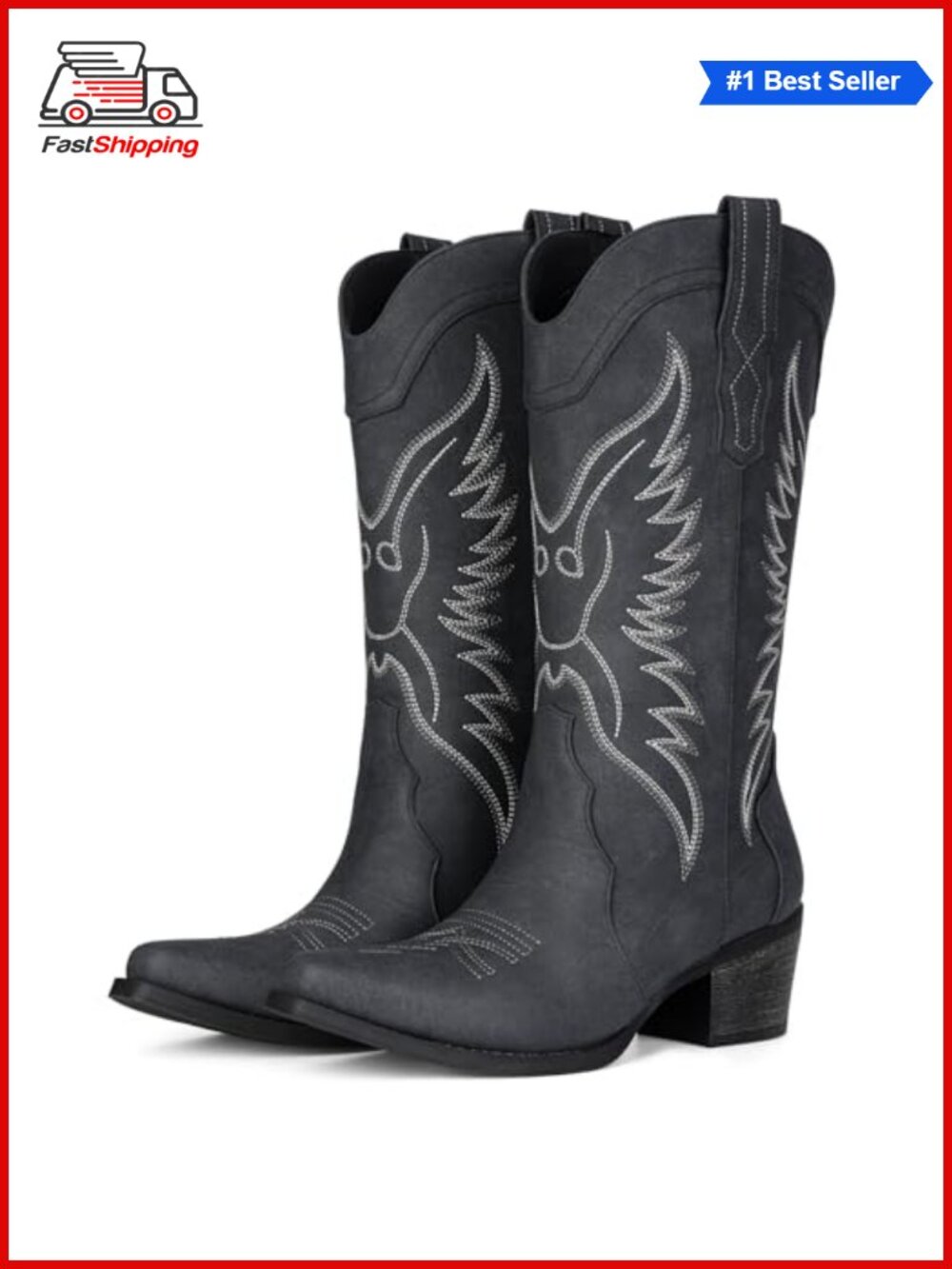 Western Cowboy Boots Snip Toe Mid Calf Chunky Heel Faux Leather